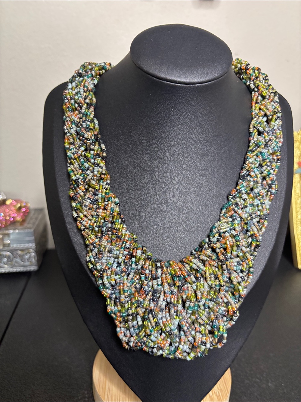 Vintage Glass Multi-Color Braided Seed Bead Statement Necklace Jewelry